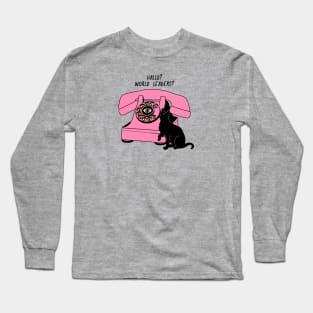 World Domination Black Cat in pink Long Sleeve T-Shirt